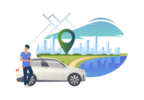 man-standing-by-car-with-cityscape-background